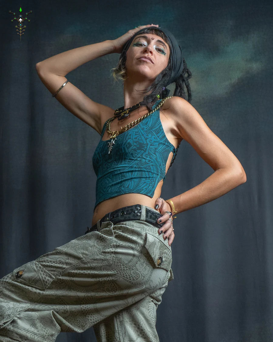 Crop Top Open Back Bamboo Jersey veg dye print - Greendigo POPPYFIELDS