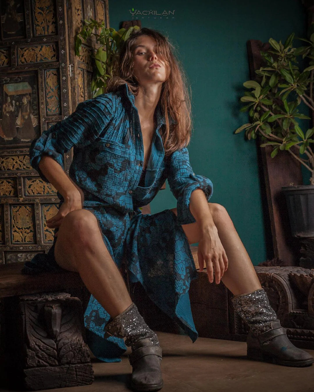 Zaafaraï Shirt dress / Kimono Cotton Linen - BLUE SHAMANKA