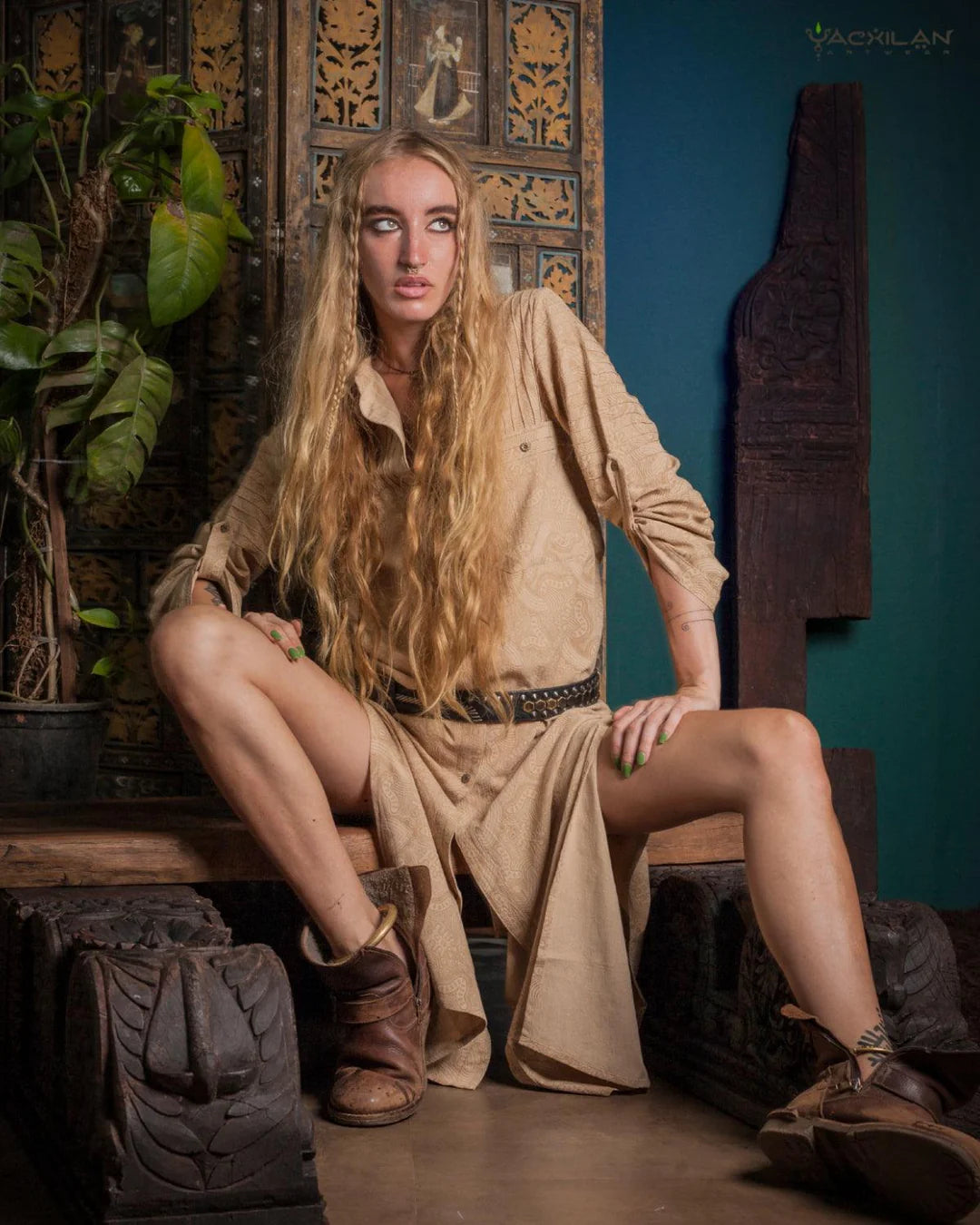 Zaafaraï Shirt dress / Kimono Cotton Linen - MYCELIUM Beige