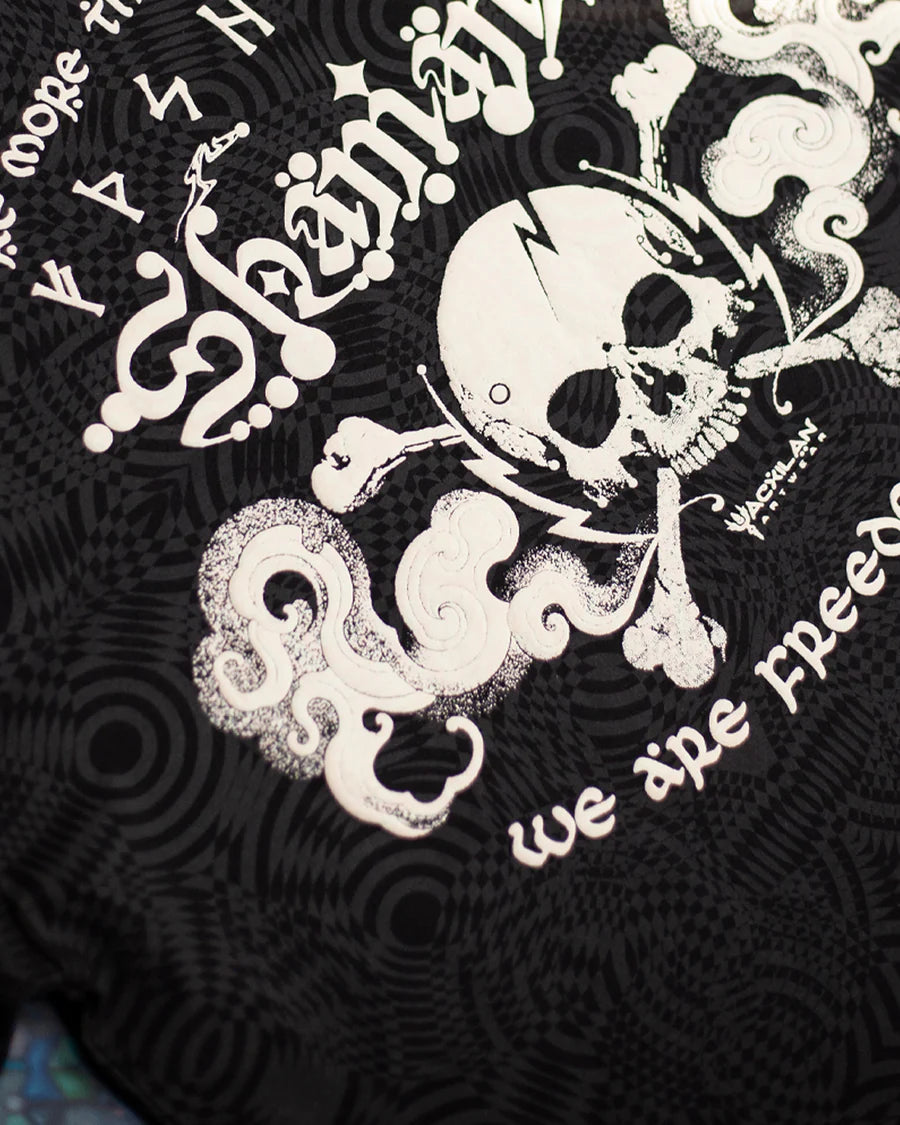 T-Shirt Black Cotton Shinker - WIERD NOISES SHAMANS SMOKE White