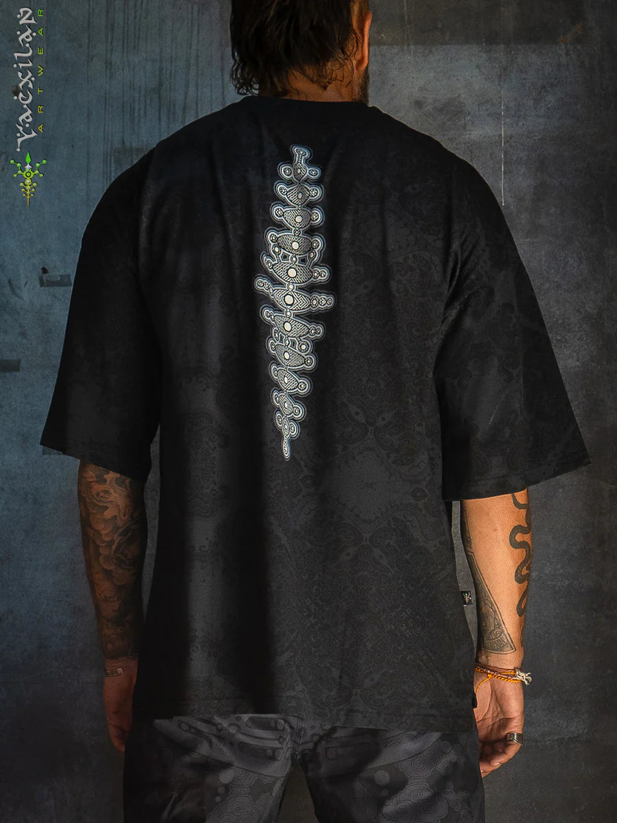 T-Shirt Oversize Black Cotton Shinker - MAYAN CODEX Galactik Spine New
