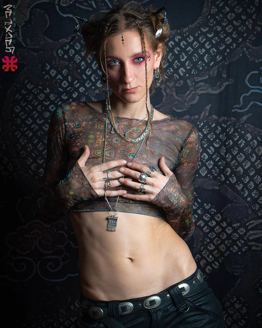 Yacxilan - Crop Top Longsleeve Soft Mesh - PSYCHEDELIKA GALACTIKA