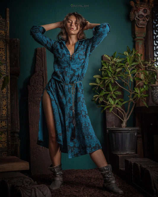 Zaafaraï Shirt dress / Kimono Cotton Linen - BLUE SHAMANKA